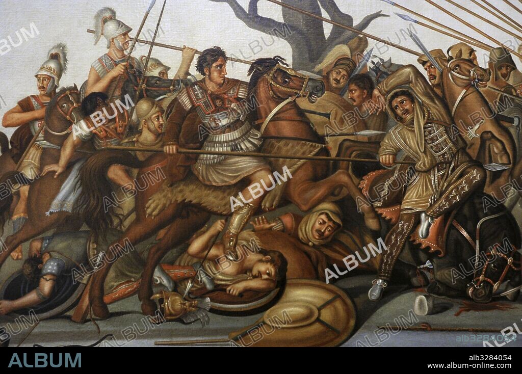 Modern reconstruction of Battle of Issus, between Alexander the Great and the Achaemenid Empire, Darius III. Painting. National Archaeological Museum, Naples. Italy.