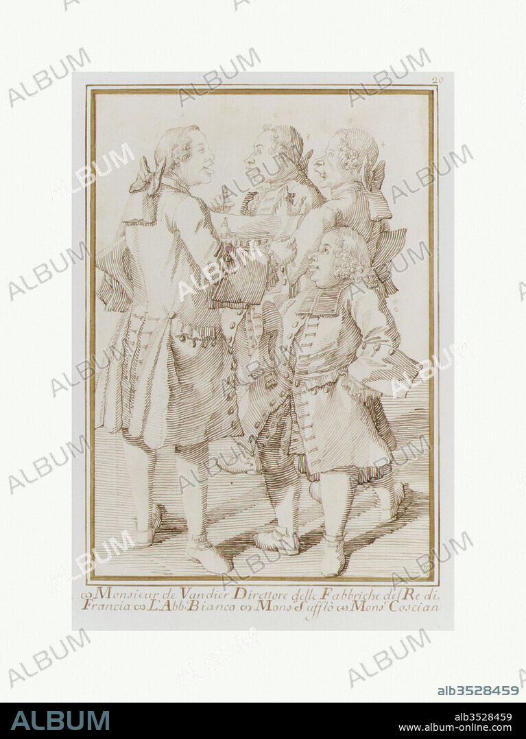 The Marquis de Vandières, Abbé Jean-Bernard Le Blanc, Germain Soufflot, and Charles-Nicolas Cochin, the Younger, ca. 1750, Pen and brown ink, over traces of black chalk, 11 15/16 x 8 1/4in. (30.4 x 21cm), Drawings, Pier Leone Ghezzi (Italian, Comunanza near Ascoli Piceno 1674–1755 Rome), Ghezzi was the first professional caricaturist actually paid by his subjects. Based in Rome, he drew local patrons and tourists. This work makes fun of four influential French visitors. At the left stands the twenty-two year old Abel-François Poisson, marquis de Vandières.