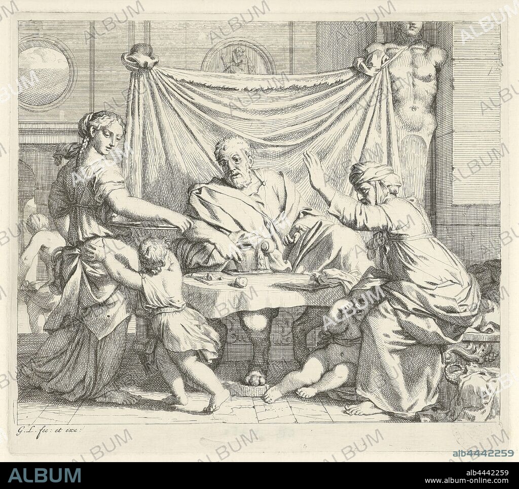 Abraham and Sara at the table Scenes from Genesis (series title), Abraham is sitting at the table with his wife Sara, on the left is Hagar with a tray. Sara lashes out at Abraham's first son Ishmael who runs to his mother Hagar in fright. Isaac is crying against his mother's leg. The print is part of a seven-part series with scenes from the Bible book Genesis, Sarah complains to Abraham about Ishmael, Gerard de Lairesse (mentioned on object), 1665, paper, etching, h 224 mm × w 254 mm.