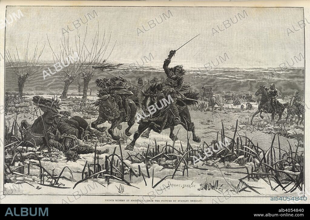 Prince Rupert at Edgehill. Illustrated London News. London, February 12, 1887. Prince Rupert at the battle of Edgehill, during the English Civil War. From the picture by Stanley Berkley.  Image taken from Illustrated London News.  Originally published/produced in London, February 12, 1887. . Source: P.P.7611 volume 90, 181. Language: English.