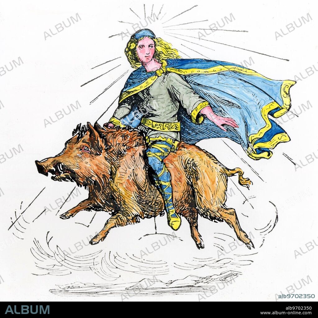 TEUTONIC MYTH - FREY. Frey or Freyr, the god of rain, sunshine and fruits, riding his wild boar, which has the power to move more quickly than the swiftest horse. Hand-coloured 19th century drawing by A.S. Murray.