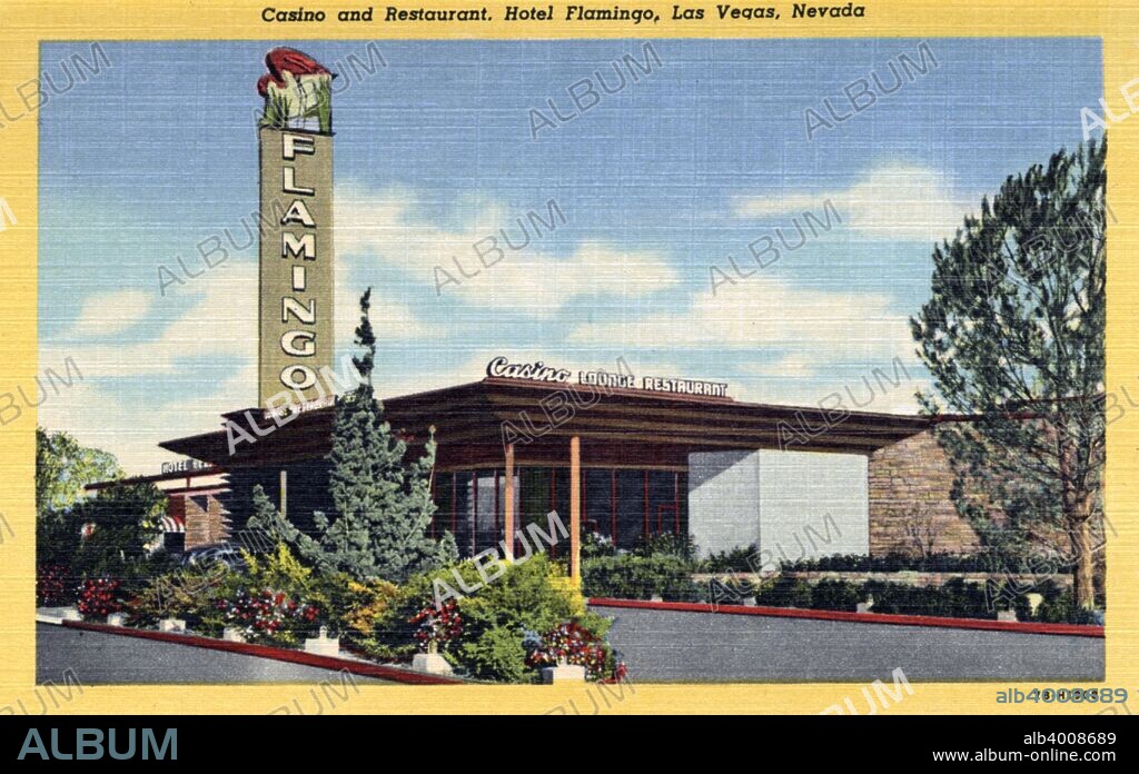 'Casino and Restaurant, Hotel Flamingo, Las Vegas, Nevada', postcard, 1947. Vintage linen postcard showing the entrance to the gaming room and patio of the Flamingo Hotel. The front is beautifully landscaped and the neon sign rises high above the rooftop. The Flamingo Hotel and Casino opened in 1946. In its early days it was owned by the mobster Bugsy Siegel.