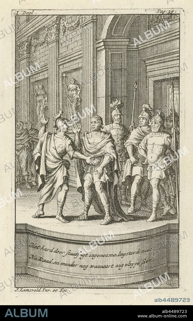 Julius Caesar enters the Senate meeting, Julius Caesar enters the Senate meeting and is greeted. The representation is explained in the two-line caption. The print is marked top left and right: I. Part. - Pag: 39. Made for the tragedy translated from French by De doodt van Julius Cezar, written by Marie-Anne Barbier, (story of) C. Julius Caesar, Jan Lamsvelt (mentioned on object), 1728, paper, etching, h 130 mm × w 79 mm.