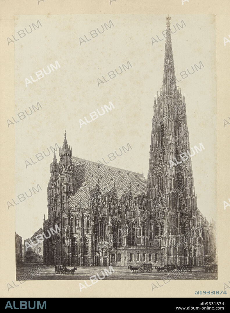 Photoreproduction of a drawing of St. Stephen's Cathedral in Vienna, Austria, Die Stefanskirche, Cathedrale de St. Etienne, Cathedral (title on object), anonymous, intermediary draughtsman: anonymous, 1851 - 1900, cardboard, paper, albumen print, height 430 mm × width 329 mm.