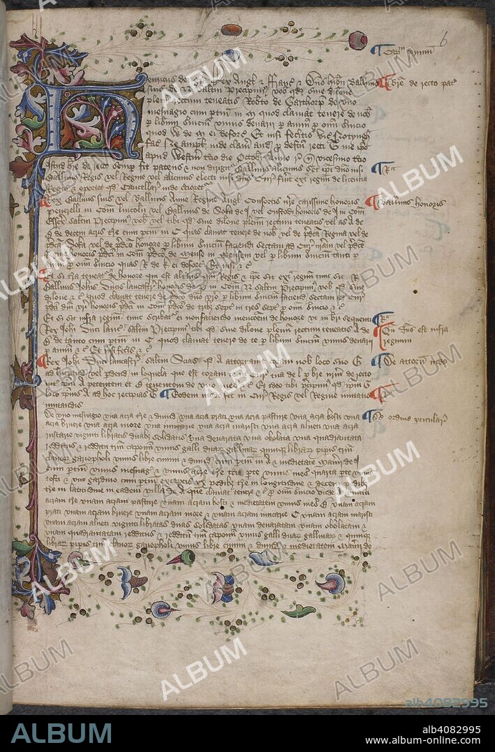 Illuminated initial 'H'(enricus) combined with a partial bar border, acanthus leaves and foliate feathering. Registrum brevium. England; 1st half of the 15th century. Source: Harley 4021, f.6. Language: Latin.
