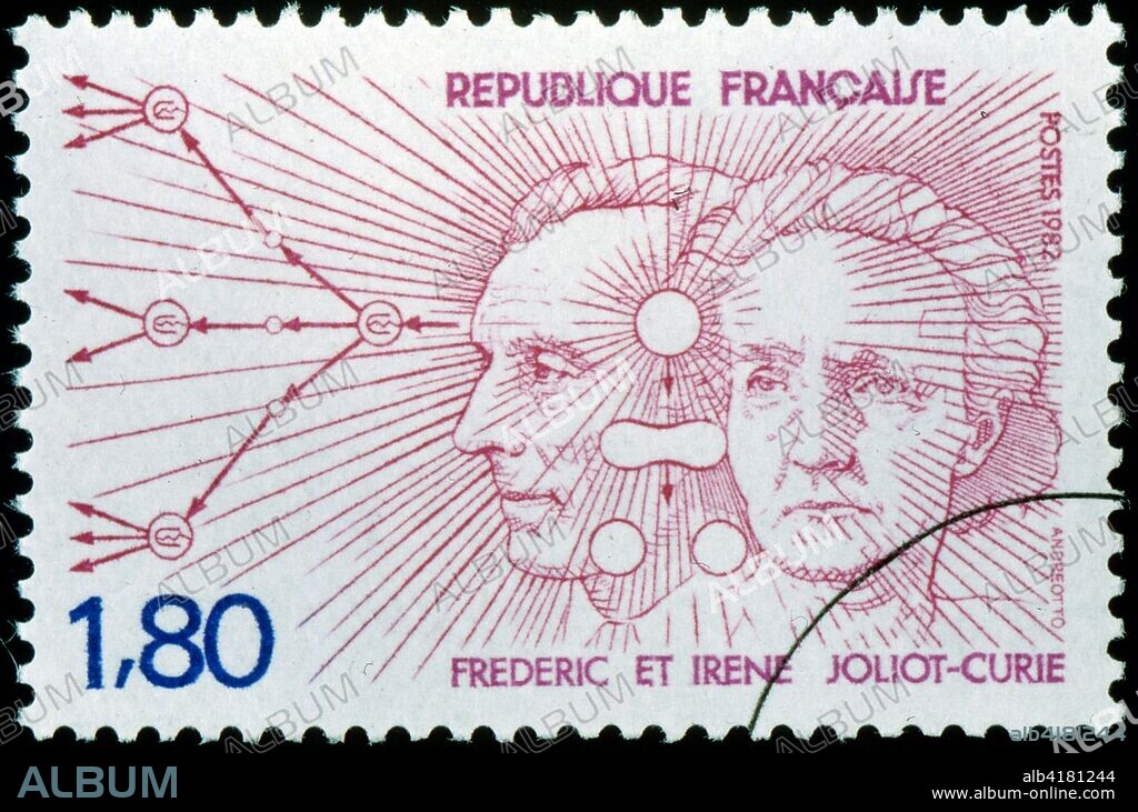 French postage stamp celebrating Irene Joliot-Curie  and Frederic Joliot-Curie. They were awarded the Nobel Prize in Chemistry in 1935 for their discovery of artificial radioactivity.