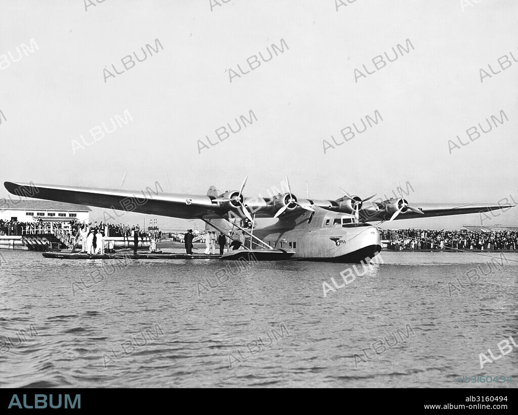 Alameda, California: November 11, 1935 The newly arrived China Clipper seaplane which will make the inaugural flight of Pan American Airways' transpacific service to Manila.