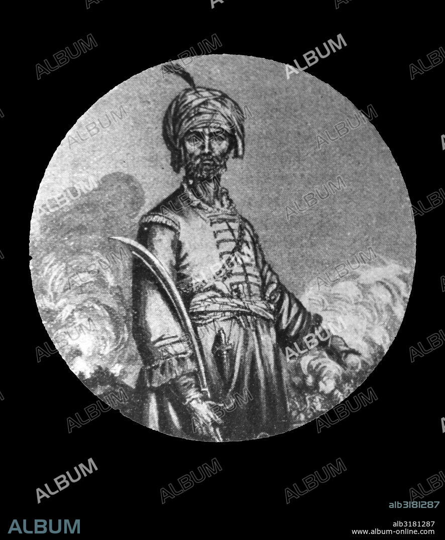 Illustrated portrait of Hyder Ali Khan, Haidarali (1721-1782) he sultan and de facto ruler of the Kingdom of Mysore in southern India. Dated 18th Century.