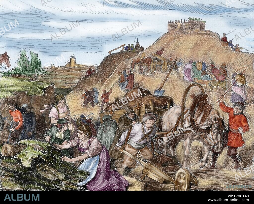 HISTORIA DE RUSIA. SIGLO XIX. SIERVOS RUSOS trabajando. Grabado coloreado.