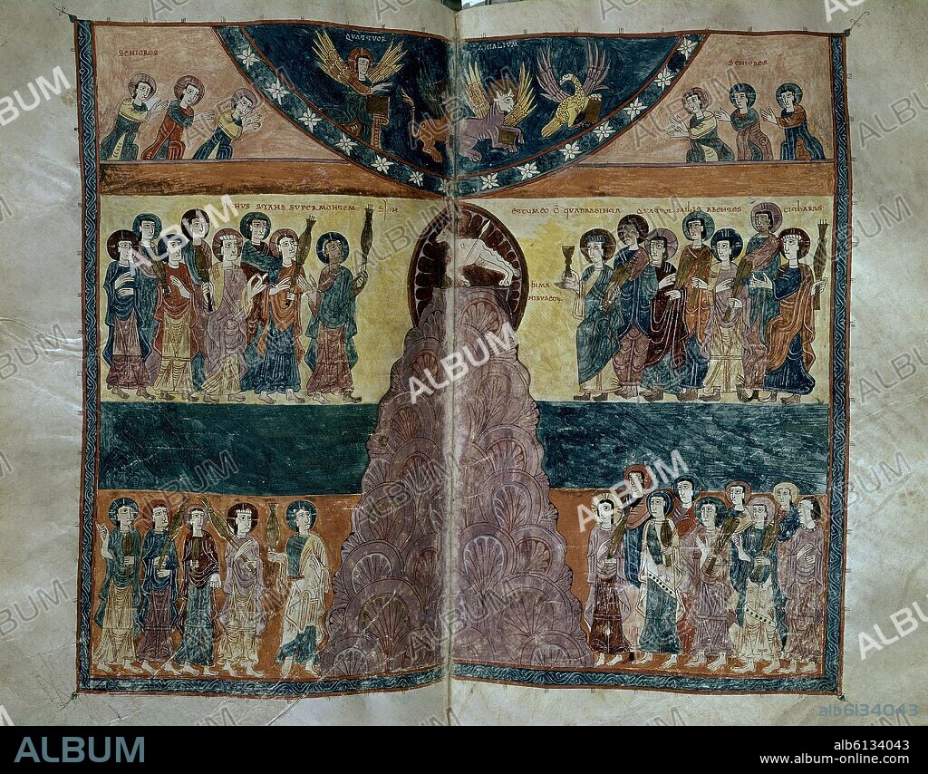 BEATUS OF LIÉBANA. BEATO DE SAN SALVADOR DE TABARA, VISION DEL CORDERO SOBRE EL MONTE SION - 975 - COMENTARIOS AL APOCALIPSIS - MOZARABE.