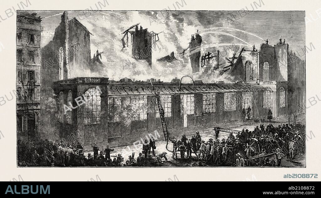 BURNING OF THE OLD PARIS OPERA HOUSE, VIEWED FROM THE RUE LE PELETIER, FRANCE, 1873 engraving.