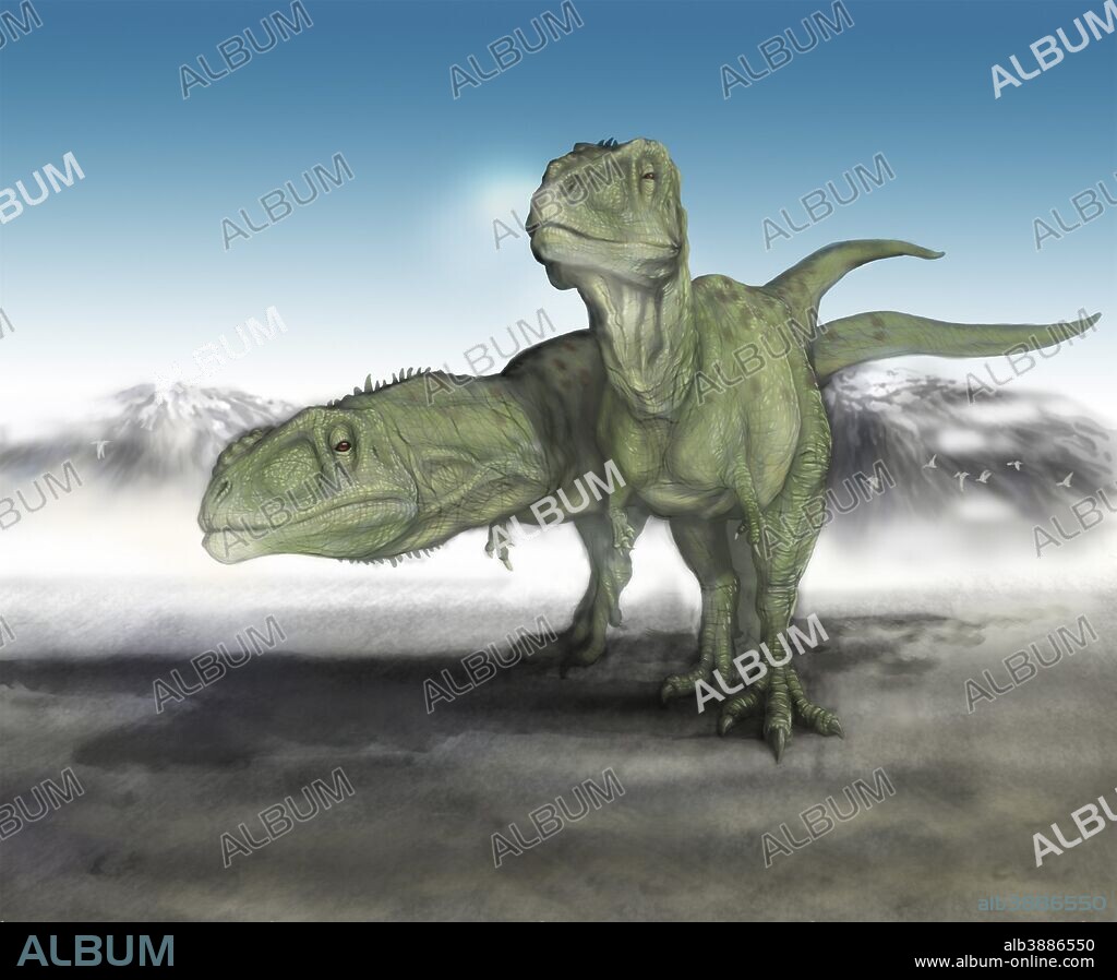 A pair of young Giganotosaurus carolinii make their way across a volcanic landscape. Argentina, Late Cretaceous Period (97,000,000 bp).