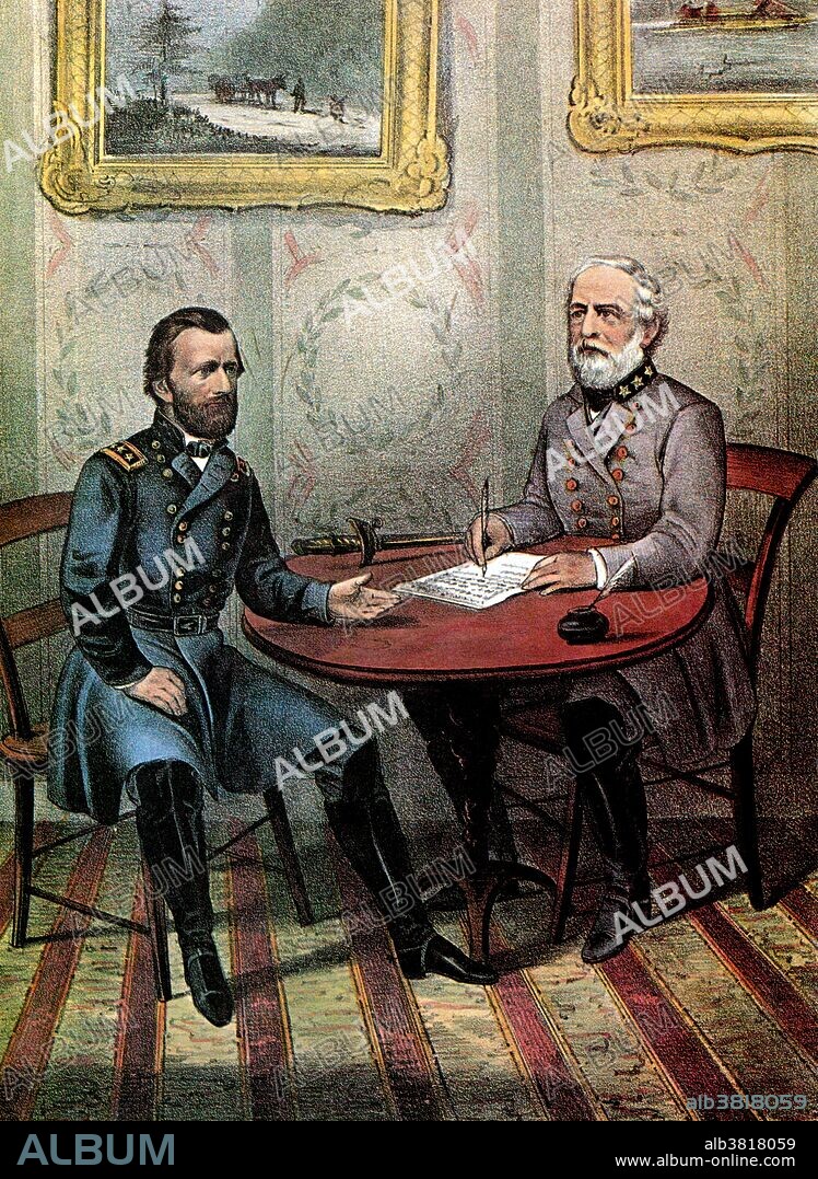 Lithograph entitled: "Surrender of General Lee at Appomattox, Virginia, April 9th, 1865." The Battle of Appomattox Court House, fought on the morning of April 9, 1865, was the final engagement of Confederate States Army General Robert E. Lee's Army of Northern Virginia before it surrendered to the Union Army under Lt. General Ulysses S. Grant, and one of the last battles of the war. Lee, having abandoned the Confederate capital of Richmond, Virginia, after the Siege of Petersburg, retreated west, hoping to join his army with the Confederate forces in North Carolina. Union forces pursued and cut off the Confederate retreat. Lee's final stand was at Appomattox Court House, where he launched an attack to break through the Union force to his front, assuming the Union force consisted entirely of cavalry. When he realized that the cavalry was backed up by two corps of Union infantry, he had no choice but to surrender. The signing of the surrender documents occurred in the parlor of the house owned by Wilmer McLean on the afternoon of April 9. On April 12, a formal ceremony marked the disbandment of the Army of Northern Virginia and the parole of its officers and men, effectively ending the war in Virginia.