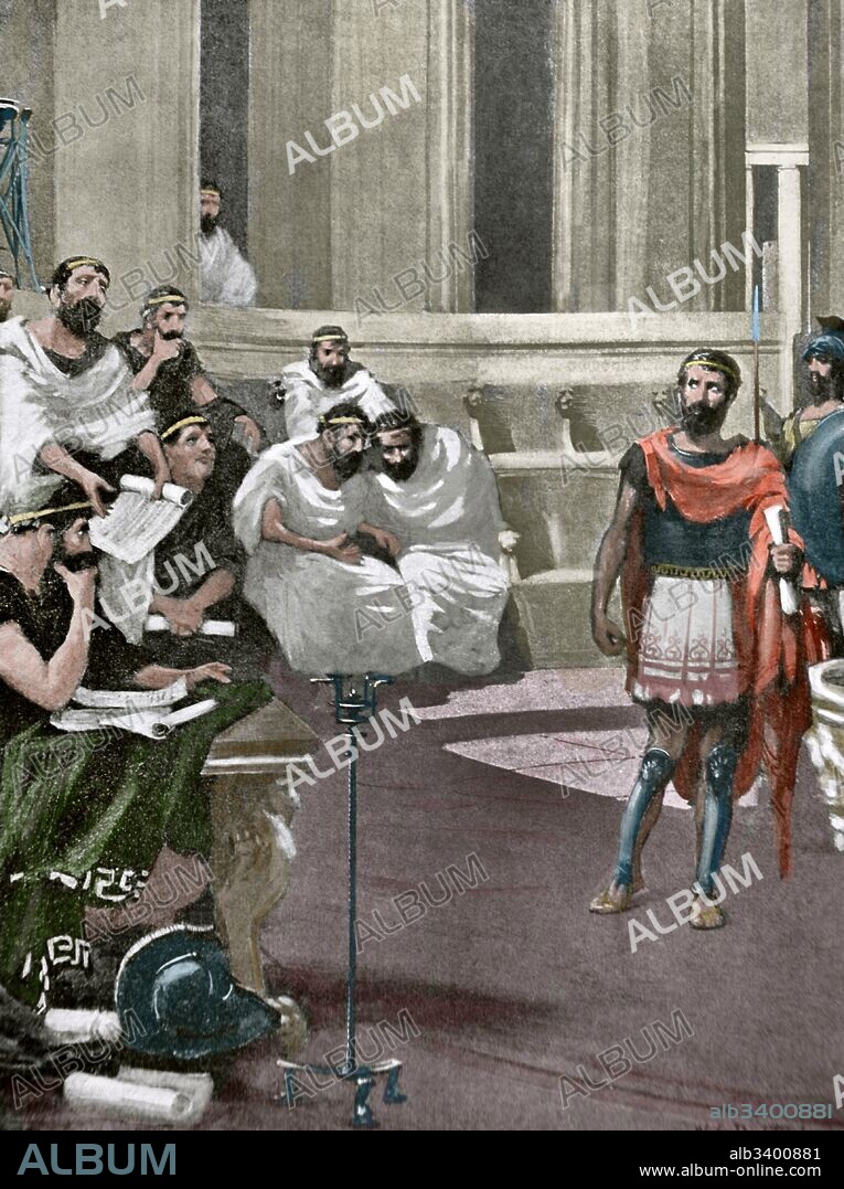 MILCIADES EL JOVEN (550-488 A. C.). Político y general ateniense de la familia de los Filaidas, arconte epónimo de Atenas en 524 a. C, gobernador del Quersoneso tracio, estratego durante la batalla de Maratón en el 490 a. C. Historia de las Naciones. Siglo XIX. Ilustración coloreada.