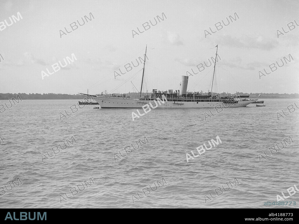 The 142 ton steam yacht 'Sapphire' at anchor, 1913. The 'Sapphire' was built for the Duke of Bedford, by John Brown and Co., Limited, of Clydebank in 1912. In 1915 she was requisitioned and converted into an Auxiliary Patrol Vessel.