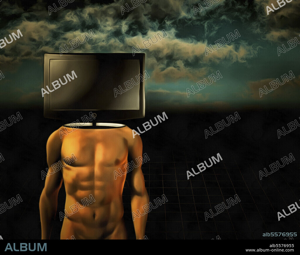 Surrealism. Naked man with TV screen instead of head.