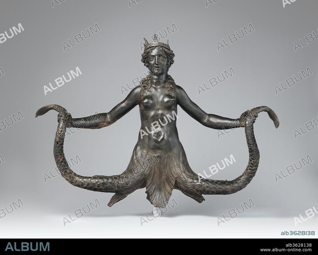 Siren. Culture: Italian, Rome. Dimensions: Overall (confirmed): 32 1/8 × 44 3/4 × 13 3/8 in., 130 lb. (81.6 × 113.7 × 34 cm, 58.9676 kg). Patron: possibly commissioned by the Colonna family, Rome. Date: ca. 1571-90.
Direct and dramatic, this bronze half-length statue represents a nude woman, aquatic from the waist down, who holds a scaly tail in each hand. Her long hair trails behind her to a set of fish gills that fan out from all sides of her body. She wears a pointed crown, which is clearly a later addition, though her roughened pate and open cranium indicate the presence of a previous crown. She would have been placed high so that the viewer could not see the top of her head. There is no physical evidence that this bronze was part of a fountain; rather, it appears to be an emblematic decoration.[1]
The statue reflects traditional types of mermaid figures and in particular the mythic Greek sirens. The sculptured figure of a woman holding her own fish tails can be found on Romanesque capitals, and in the sixteenth century the image became a decorative motif for tapestries and small bronze candelabra.[2] The crown, however, indicates that this statue is a specific dynastic symbol. A great Roman family, the Colonna --  and especially the princely Paliano branch --  adopted this image as an emblem. As such, it appeared on their tombs in Rome, at San Giovanni in Laterano, and in the town of Paliano, as well as on furniture and in ceiling decorations.[3] A volume of personal and family devices (imprese) collected by Paolo Giovio illustrates and describes the emblem of Stefano Colonna and quotes his motto, "Contemnit tuta procellas" (She defies the tempests).[4] The most illustrious member of the family, Marcantonio Colonna (1535 - 1584), was celebrated for defeating the Turks at the battle of Lepanto in 1571.[5] A siren appears on his armor in a painting and tops two rostral columns on a stone relief memorializing the victory at Lepanto.[6] It would be particularly appropriate if, as in the stone memorial, the bronze Siren had originally been displayed on top of a column, since a cylindrical shaft was also a family emblem (colonna is Italian for column). Her gills would have spread down around it. The brusque chasing of her hair and some other features would be explained if the figure was meant to be seen from a distance --  for example, from a perch atop a column. 
A 1644 inventory mentions "a siren of bronze, with a crown on her head" standing in a small room in the Palazzo Barberini apartments of Cardinal Antonio Barberini.[7] Antonio's brother Taddeo was the husband of Princess Anna Colonna, and until recently it seemed to be a foregone conclusion that Antonio had received the Siren from Taddeo. Archival research, however, has turned up an inventory of April 1627 that documents the sculpture as in the palace of the recently deceased Cardinal Francesco Maria del Monte on the via di Ripetta.[8] Peter Bell has pointed out that it could have been purchased by Antonio Barberini directly from Del Monte's heirs.[9] Thus, there is no proof that the Siren was owned by the Colonnas. Nonetheless its iconography points to them as the family most likely to have commissioned the Museum's imposing and doubtless expensive bronze; moreover, it is not out of line to guess that it was one of many works created to celebrate the great victory of Marcantonio Colonna in 1571 and that it remained among the family's possessions for some time. 
It is difficult to attribute the Siren directly to any artist, but its style is close to Roman bronze work of the period 1570 - 90. Museum curator Olga Raggio noted that Taddeo Landini's bronze youths of 1581 - 84 on the Fontana delle Tartarughe in Rome, for example, have similar rhythmical poses and wet-looking, tousled hair.[10] Another comparison, one that James Draper has informally proposed, is with the bronze lions supporting the Vatican obelisk that Lodovico del Duca cast in 1586, after models by Prospero Antichi and Francesco da Pietrasanta (Saint Peter's Square, Rome). The vigorous modeling of the lions' manes was meant to be seen from afar, as was the Siren's hair, and the statues have similar iconic roles as bronze decorations. Like the Vatican lions, the Siren was likely a collaboration between sculptor and bronze founder, who created a brilliant --  essentially Roman --  emblem.
[Ian Wardropper. European Sculpture, 1400-1900, In the Metropolitan Museum of Art. New York, 2011, no. 28, pp. 90-92.]
Footnotes:
[1] A technical examination by Richard E. Stone on December 10, 1999 (report in the curatorial files of the Department of European Sculpture and Decorative Arts, Metropolitan Museum) showed that it has no residual deposit of silt or unfired clay that would point to its use as a fountain; the crown has an artificial patination and is clumsily worked, unlike the body of the figure.
[2] A twelfth-century capital at the church of Saint-Maurice, Saint-Dié (Vosges), and a capital from the end of the twelfth century at the cathedral of Notre-Dame, Le Puy (Haute-Loire), are illustrated in Jacqueline Leclercq-Marx. La Sirène dans la pensée et dans l'art de l'Antiquité et du Moyen-Âge: Du mythe païen au symbole chrétien. Publication de la Classe des Beaux-Arts, collection in-4, ser. 3, vol. 2. Brussels, 1997, p. 135, ill. no. 72, p. 147, ill. no. 87. There are two bronze Mermaids in the Museum's collection (Padua, first half of the sixteenth century, H. 5 in. [12.7 cm], acc. nos. 32.100.174 and 32.100.175).
[3] Ermete Rossi. "Le statue di Alessandro Farnese e Marcantonio Colonna in Campidoglio." Archivio della Società Romana di Storia Patria 51 (1928), pp. 15-32, pp. 19 - 20.
[4] Paolo Giovio. Dialogo dell'imprese military et amorose. Lyons, 1574. [Reprint ed., Dialogo dell'imprese. Philosophy of Images 6. New York, 1979.], p. 149.
[5] The triumphal procession in Rome given in his honor after the victory by Pope Pius V and statues erected to him are described in E. Rossi 1928, pp. 19 - 32.
[6] Alberto di Castro, Paola Peccolo, and Valentina Gazzaniga. Marmorari e argentieri a Roma e nel Lazio tra Cinquecento e Seicento: I committenti, i documenti, le opera. Universo barocco. Rome, 1994, p. 321, fig. 100. 
[7] Marilyn Aronberg Lavin. Seventeenth-Century Barberini Documents and Inventories of Art. New York, 1975, p. 178 (iv, inv. 44, no. 577).
[8] Archivio di Stato, Rome, 30 Notai Capitolini, Paulus Vespignanus, ufficio 28, vol. 138, fols. 574r - 588v (entries published in Christoph Luitpold Frommel. "Caravaggios Frühwerk und der Kardinal Francesco Maria del Monte." Storia dell'arte, nos. 9-10 (1971), pp. 5-52, Appendix, pp. 30 - 49). Lucia Faedo (Lucia Faedo. "Girolamo Tezi e il suo edificio di parole." In Aedes Barberinae ad Quirinalem descriptae / Descrizione di Palazzo Barberini al Quirinale: Il palazzo, gli affreschi, le collezioni, la corte, edited by Lucia Faedo and Thomas Frangenberg, pp. 3-117. Pisa, 2005, pp. 50 - 55) connected the bronze Siren in the Palazzo del Monte with the one in the Palazzo Barberini, but she did not know of the existence of the Museum's sculpture.
[9] Peter Bell was the first to identify the Del Monte - Barberini bronze as the New York Siren; see Bell forthcoming.
[10] Raggio in "Recent Acquisitions: A Selection, 1999-2000." Metropolitan Museum of Art Bulletin, n.s., 58, no. 2 (Autumn 2000), p. 24.
