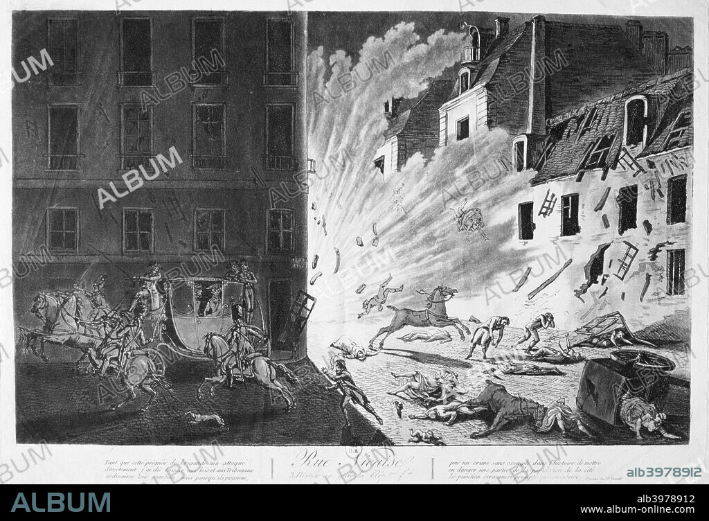 Attempt to assassinate Napoleon, 24 December, 1800. The most serious - and very nearly successful - attempt on his life took place on Christmas Eve in 1800 when a massive bomb exploded near his carriage as he went to the opening night of Haydn's opera Creation. Royalist plotters had positioned a horse and wagon bearing a barrel filled with gunpowder and shrapnel on the Rue Saint-Nicaise and lit the fuse as Bonaparte's carriage neared.The speed of the vehicle - Bonaparte (1769-1821) had ordered his driver to go quickly because he did not want to be late to the opera - and the poor quality of the gunpowder led to the bomb exploding seconds after the First Consul had passed. An estimated 52 people were killed or wounded by the device - known as the Infernal Machine - including Bonaparte's stepdaughter Hortense Beauharnais, who was cut on the wrist by flying metal. The Royalist leader and chief planner, Georges Cadoudal (1771-1804), was captured and executed.