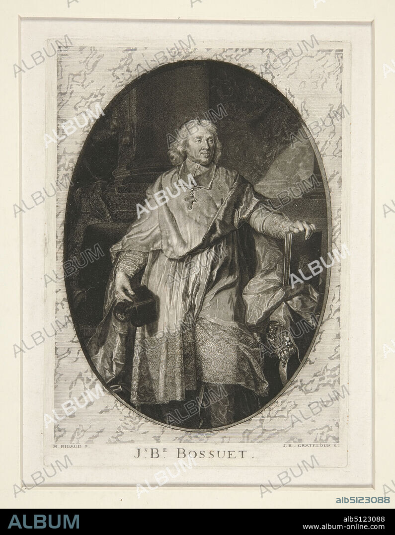 Artist: Jean Baptiste de Grateloup, French, 17351817, After: Pierre Imbert Drevet, French, 16971739, After: Hyacinthe Rigaud, French, 16591743, Jacques-Benigne Bossuet, ca. 1771, Mezzotint, aquatint, and drypoint, 22.4 × 15.3 cm (8 13/16 × 6 in.), Made in France, French, 18th19th century, Works on Paper - Prints.