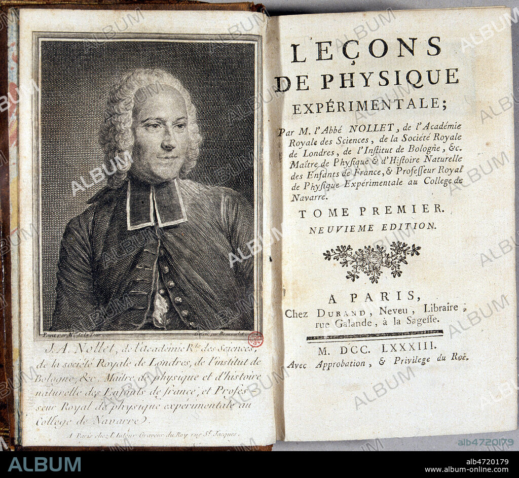 Portrait de l'auteur en frontispice de l'ouvrage de l'Abbe NOLLET (1700-1770) 'Lecons de physique' edition de 1783 (18e, 18eme, XVIIIe s.). Livre ouvert. Credit : JEAN VIGNE / KHARBINE-TAPABOR.