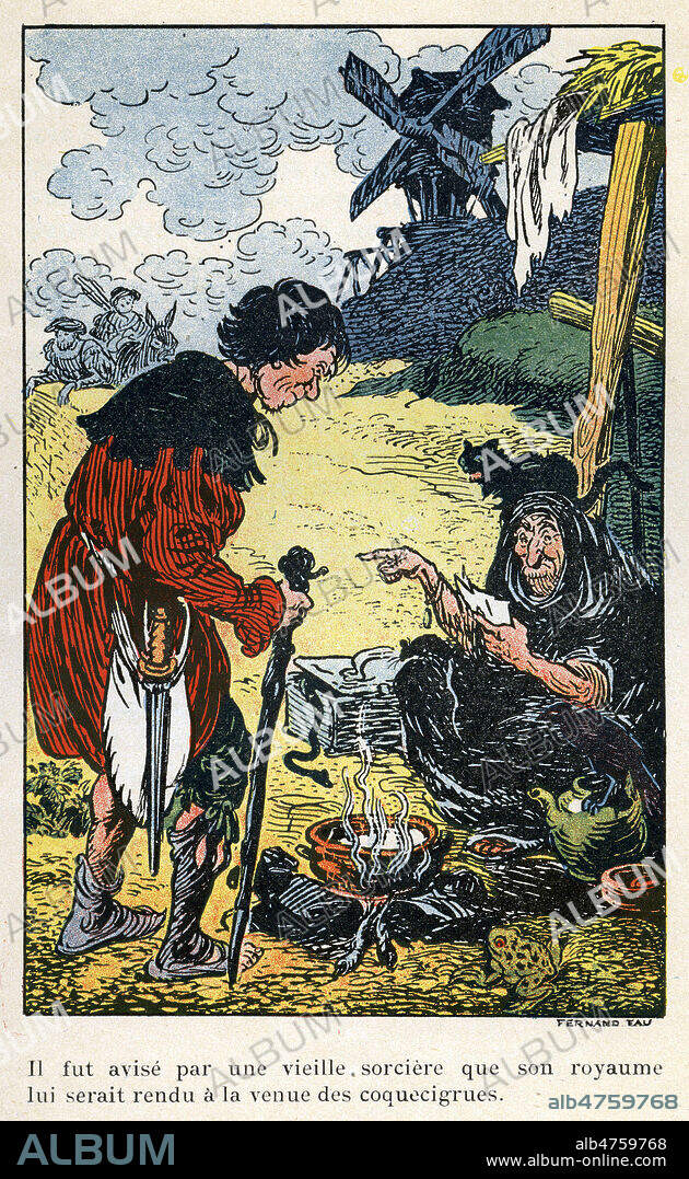 Picrochole fut avise par une vieille sorciere que son royaume lui serait rendu a la venue des coquecigrues. Illustration de 1910 par Fernand FAU (1858-1919) pour Gargantua d'apres Francois RABELAIS (1483-1553). Credit : Coll. Jonas/KHARBINE-TAPABOR.