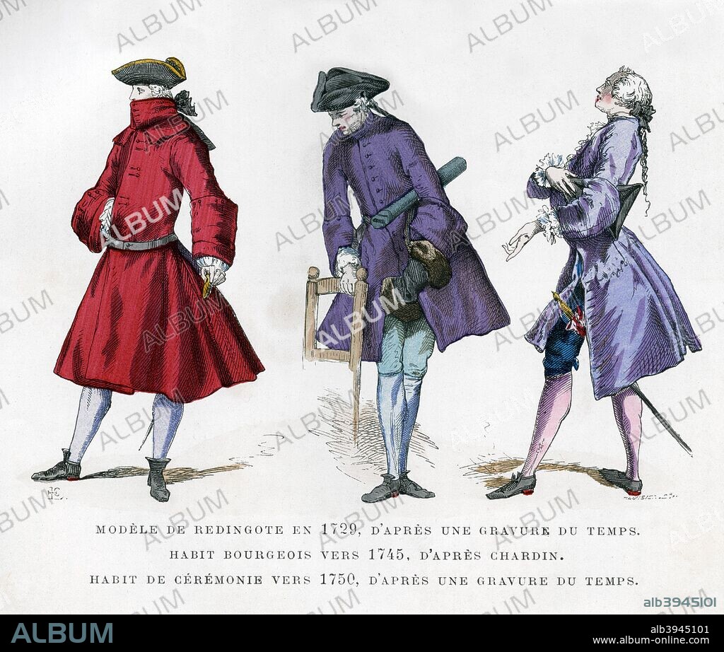 Frock coat of 1729, bourgeois fashion in 1745, and ceremonial dress of 1750, (1882-1884). A print from La France et les Français à Travers les Siècles, Volume IV, F Roy editor, A Challamel, Saint-Antoine, 1882-1884.
