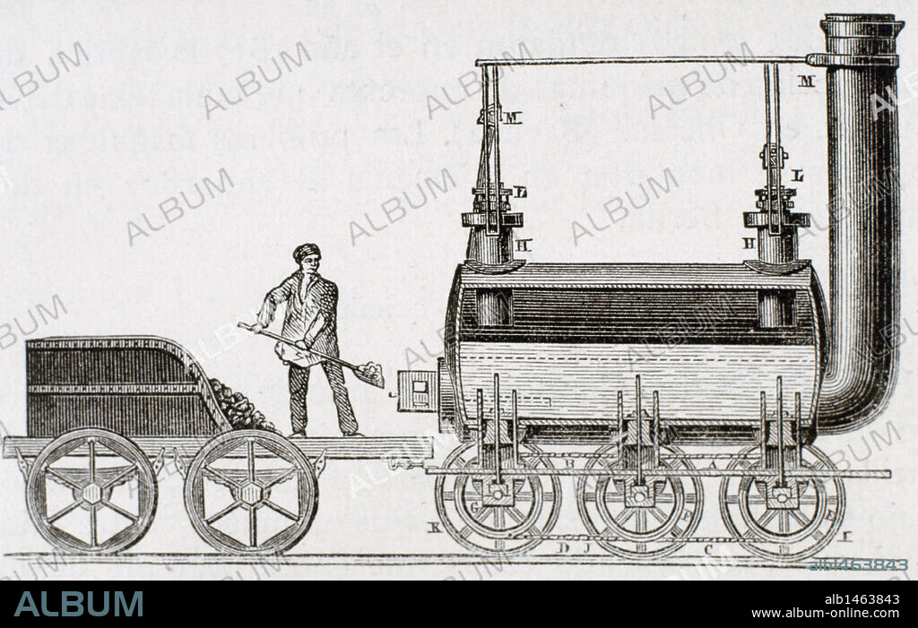 HISTORIA DEL FERROCARRIL. LOCOMOTORA DE 1814 diseñada por el ingeniero británico STEPHENSON (1781-1848). Grabado del s. XIX.