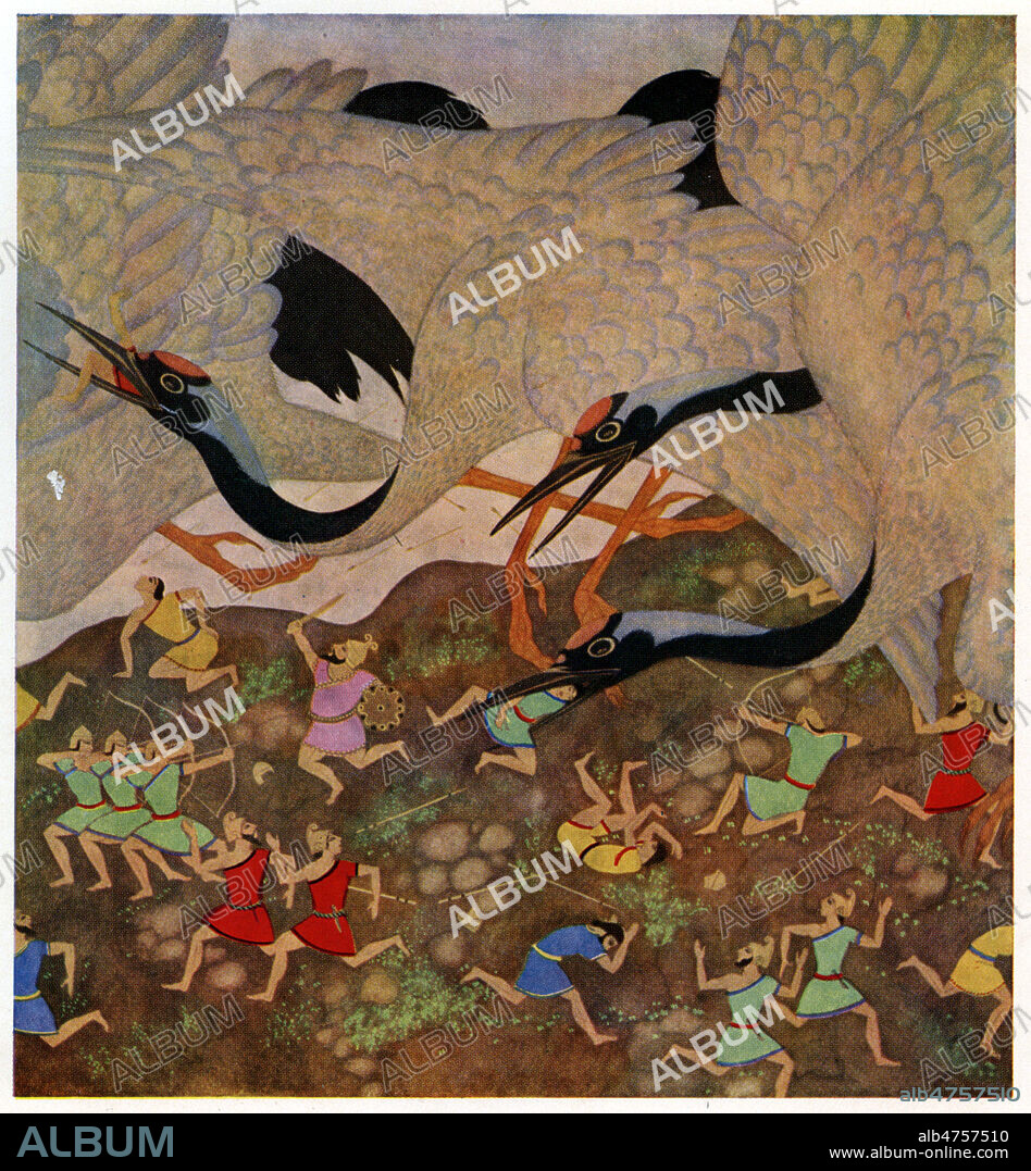 Les Pygmees et les grues :peuple fabuleux qu'on disait avoir existe en Thrace,ils avaient guerre declaree contre les grues qui, tous les ans, venaient de la Scythie les attaquer. Homere, dans l'Iliade, compare les Troyens aux grues qui fondent sur les Pygmees, preuve que la legende etait populaire en Grece depuis tres logtemps. Mythologie grecque. Illustration par Edmund DULAC (1882-1953=ADAGP) , in Tanglewood Tales by Nathaniel Hawthorne , annees 30. Collection privee GROB/KHARBINE TAPABOR.