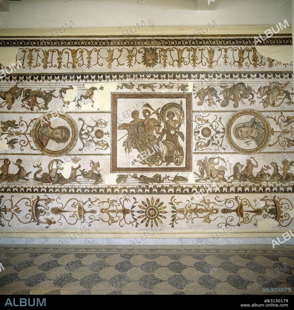 Triumph of Dionysus with marine centaurs, allegories of the seasons, 120-130 AD, mosaic from the Baths of Trajan, Acholla, Tunisia. Roman civilisation, 2nd century AD.