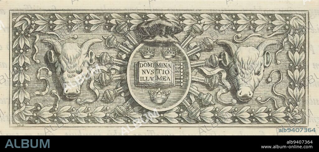 Coat of arms of the University of Oxford, Open book with the motto 'Dominus illuminatio mea' with an ox's head on either side., print maker: Michael Burghers, (mentioned on object), Oxford, 1673 - 1692, paper, engraving, letterpress printing, height 65 mm × width 162 mm.