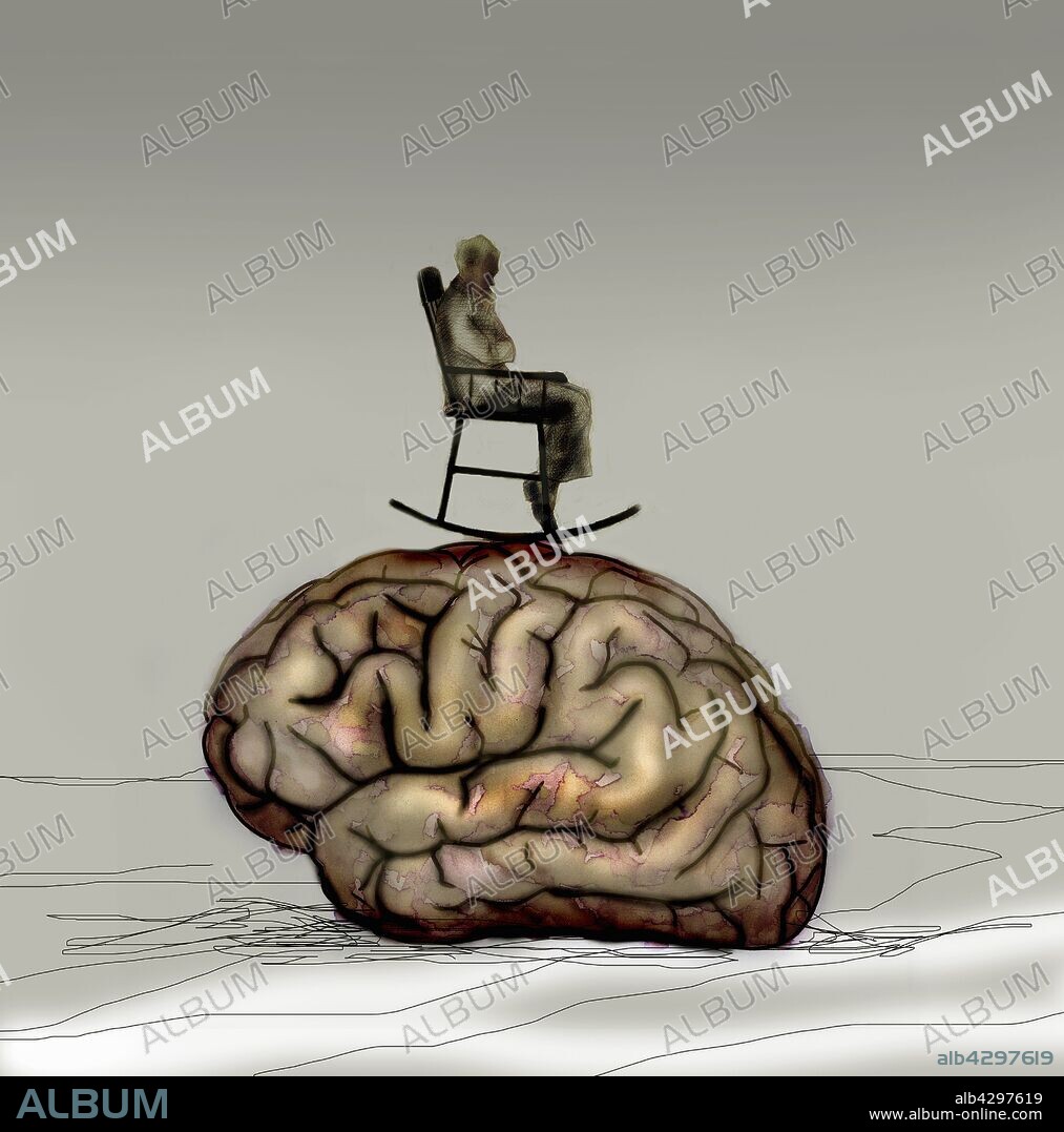 Elderly man in rocking chair on top of large brain.