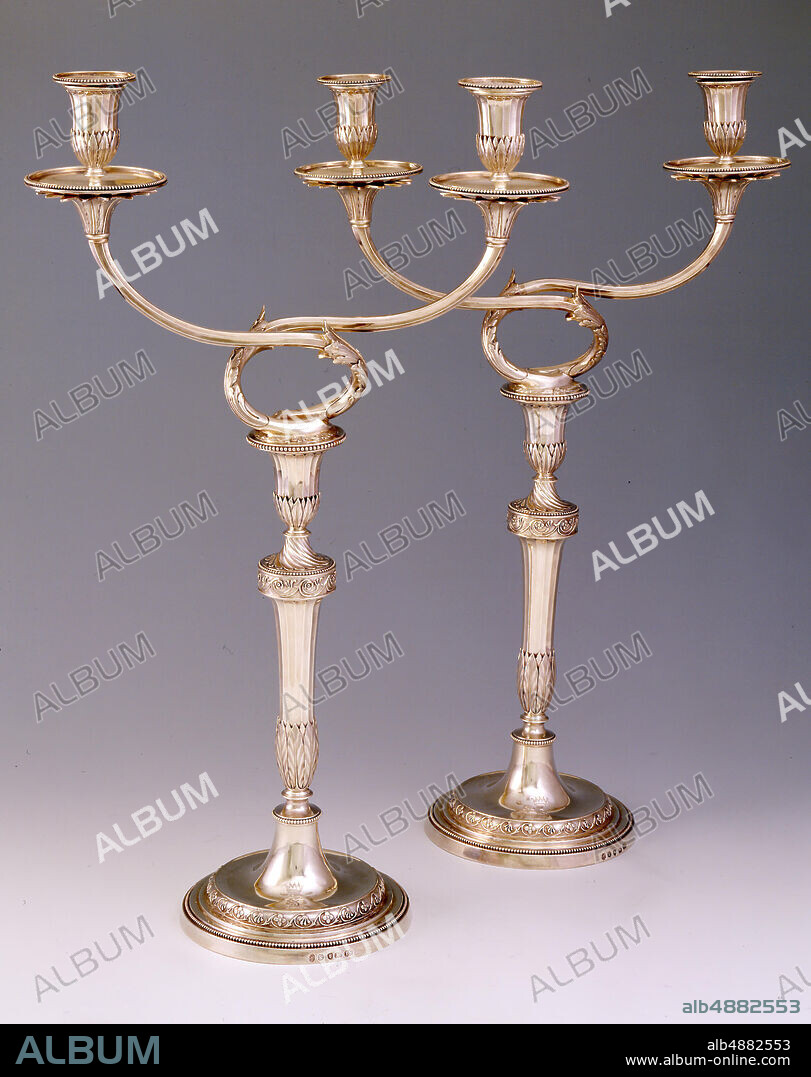 John Scofield, English, first mark entered 1776; died 1799, Pair of Candelabra, 1785/86, Silver, [1] Height: 11 5/8 in. (29.5 cm); base diameter: 5 1/2 in. (14 cm); troy weight: 48.45 toz (1507 g).