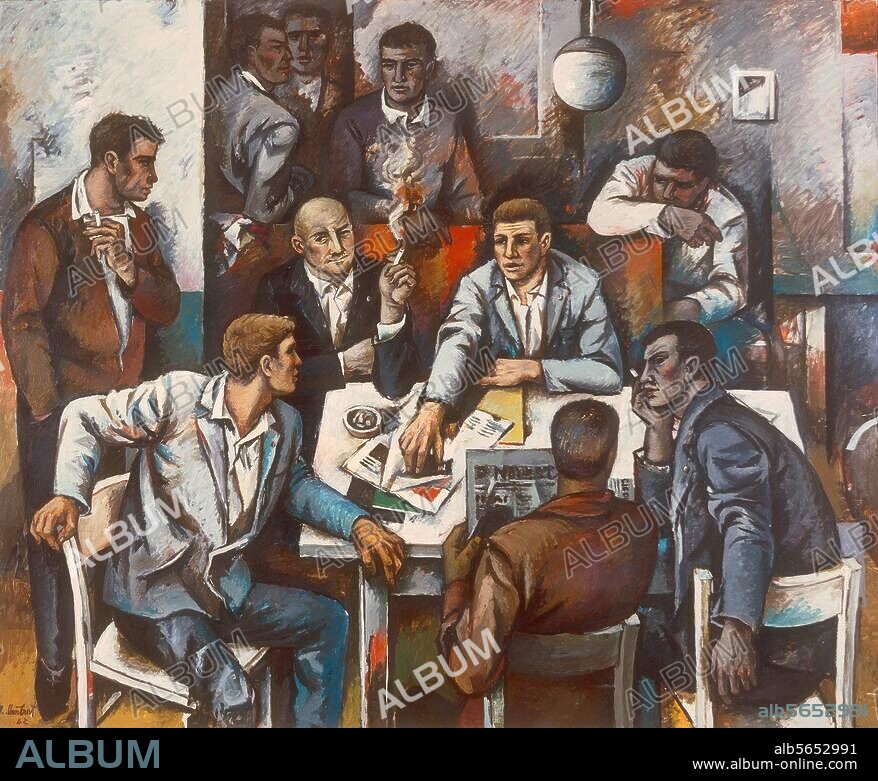 zu: Politik / Parteien:. Sozialistische Einheitspartei Deutschlands (SED). "Parteidiskussion". Gemälde, 1962, von Willi Neubert (1920-2011). Öl auf Leinwand, 190 × 240 cm. Halle a. d. S., Staatl. Galerie Moritzburg.