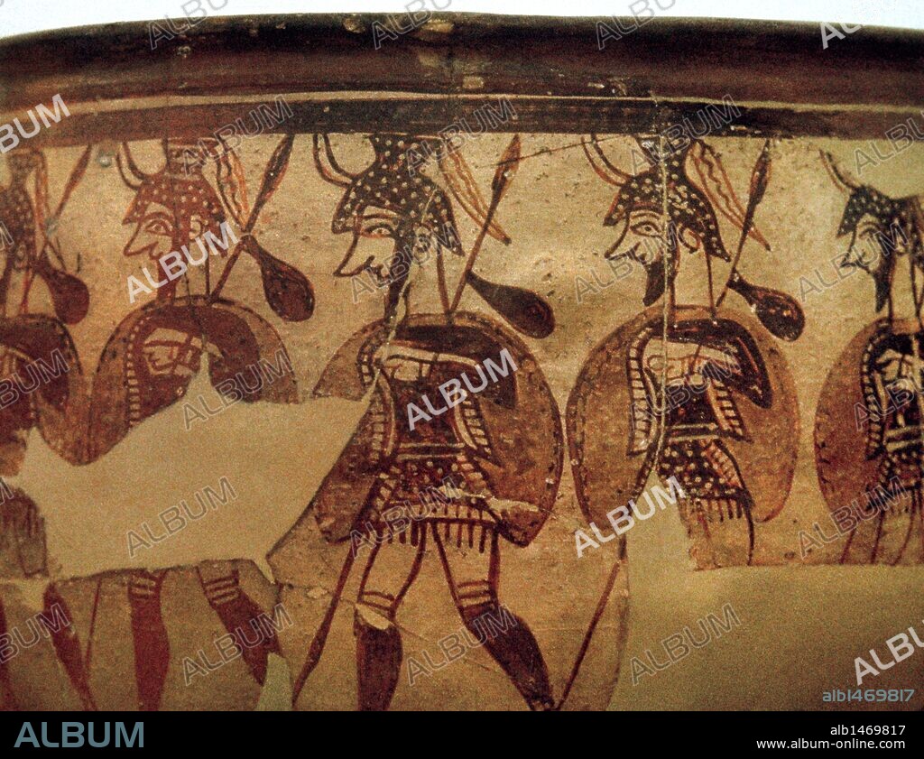 Krater of the Warriors Detail.  Dated between 1200-1100 B.C. Mycenae. National Archaeological Museum. Athens. Greece.