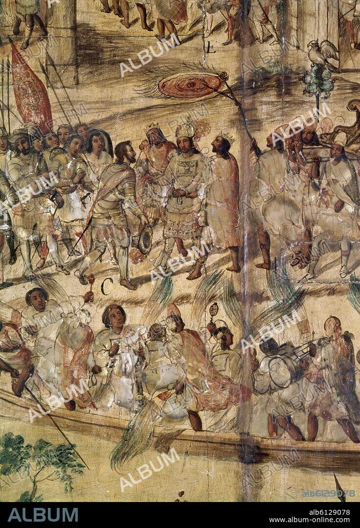 JUAN Y MIGUEL GONZALEZ PINTORES SIGLO XVII. ENCONCHADO DE LA CONQUISTA DE MEXICO DETALLE - REALIZADO EN 1698.