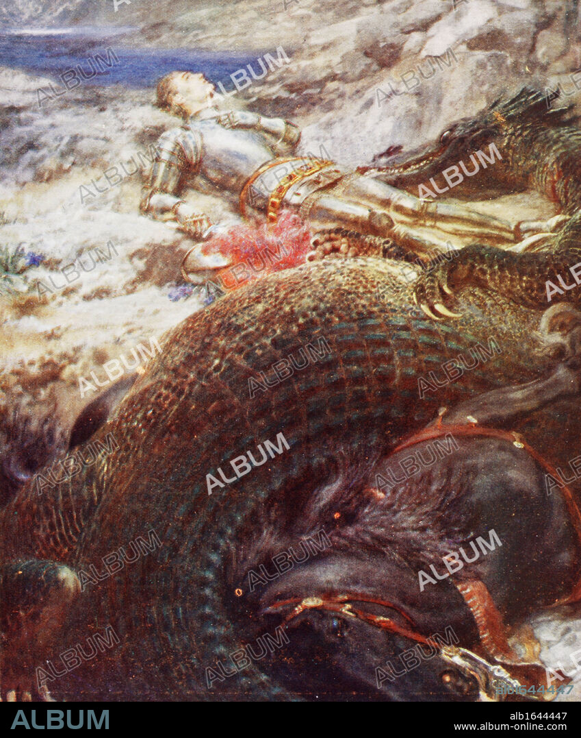 St. George and the Dragon. After a painting by Briton Riviere. From King Albert´s Book, published 1915. Here St George is asleep and his horse appears to be dead. Probably he represents a sleeping Belgium or perhaps a slumbering Europe. The dragon appears to have killed his horse. The dragon represents the German invader. But, of course, St George will awake and repel or kill the dragon. Iconographic propaganda.