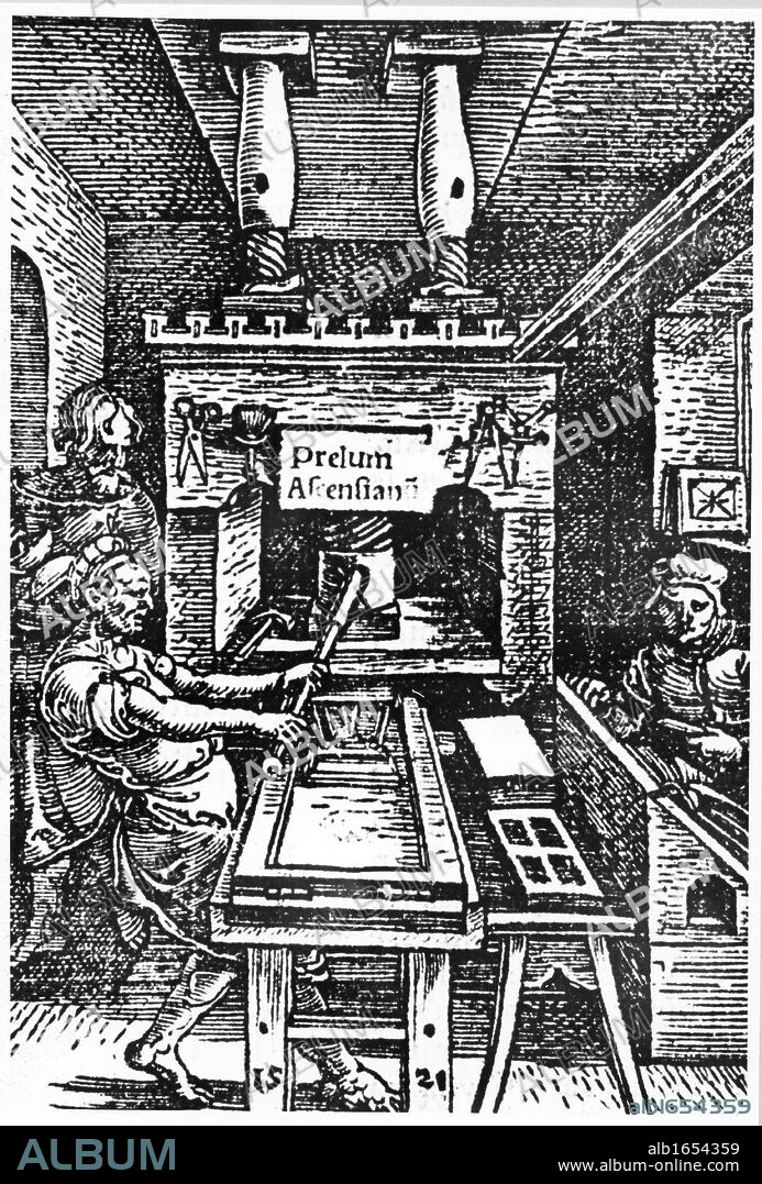 Printing workshop of Bodocus Badius Ascensius in 1521. Note the female compositor. This is said to be the first printed illustration of a printing press. Woodcut.