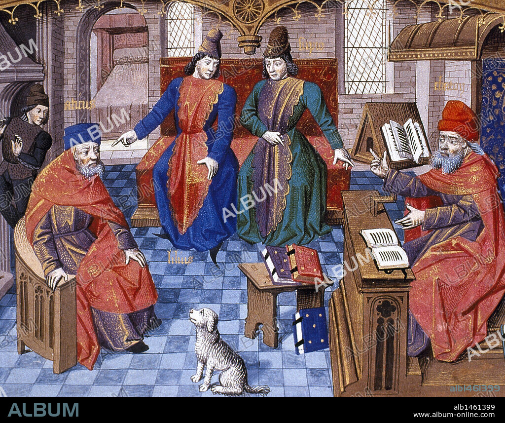 DISCUSION DE FILOSOFOS LATINOS. De derecha a izquierda: CATONE, ESCIPION, TITO LIVIO y ATICO. Miniatura perteneciente a un códice del s. XV. Castillo de Chantilly. Francia.