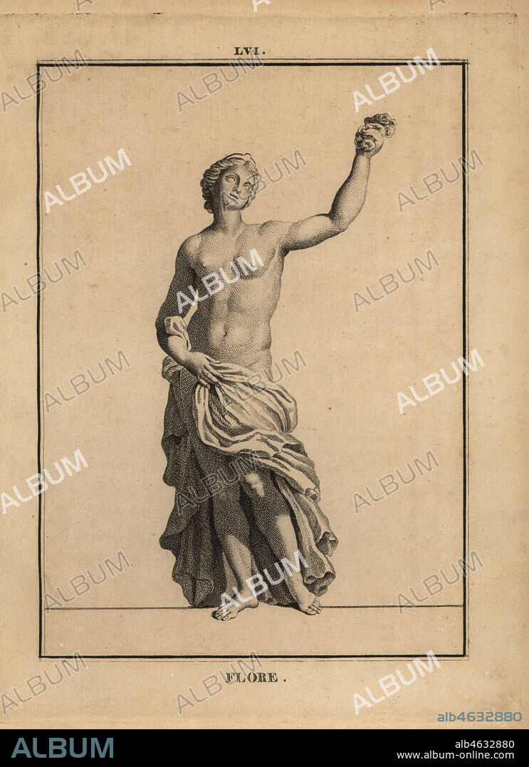 Statue of Flora, Roman goddess of flowers and spring, holding a posy of flowers. Copperplate engraving by Francois-Anne David from Museum de Florence, ou Collection des Pierres Gravees, Statues, Medailles, Chez F.A. David, Paris, 1787. David (1741-1824) drew and engraved the illustrations based on Roman statues, engraved stones and medals in the collection of the Museum de Florence and the cabinet of curiosities of the Grand Duke of Tuscany.
