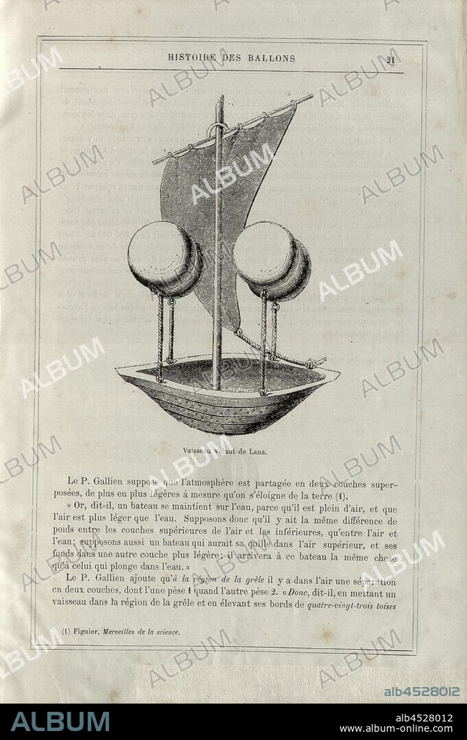 Flying vessel of Lana, Design of an airship after Francesco Lana Terzi 1670, Fig. 6, p. 21, Tissandier, Albert (dess.), 1876, Alfred Sircos; Th. Pallier: Histoire des ballons et des ascensions célèbres avec une préface de Nadar: dessins de A. Tissandier [...]. Paris: F. Roy, 1876.