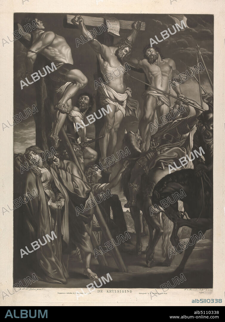 De Kruisiging, Print made by Frederik Christiaan Bierweiler, active 18001831, Dutch, after Sir Peter Paul Rubens, 15771640, Flemish, Published by J. Groenewoud, active 17951815, Dutch, ca. 1820, Mezzotint and etching on moderately thick, slightly textured, cream laid paper, Sheet: 26 1/4 × 19 3/4 inches (66.7 × 50.2 cm), Plate: 24 3/8 × 16 7/8 inches (61.9 × 42.9 cm), and Image: 23 1/4 × 16 7/8 inches (59.1 × 42.9 cm), Christianity, criminals, crown of thorns, crucifixion, death, eclipses (astronomical), grief, horses (animals), ladder, men, nails, New Testament, Passion, pierced, religious and mythological subject, rope, sacrifice, salvation, side, sin, soldiers, spears, the crucifixion of Christ: Christ's death on the cross; Golgotha (Matthew 27:45-58; Mark 15:33-45; Luke 23:44-52; John 19:25-38), women.