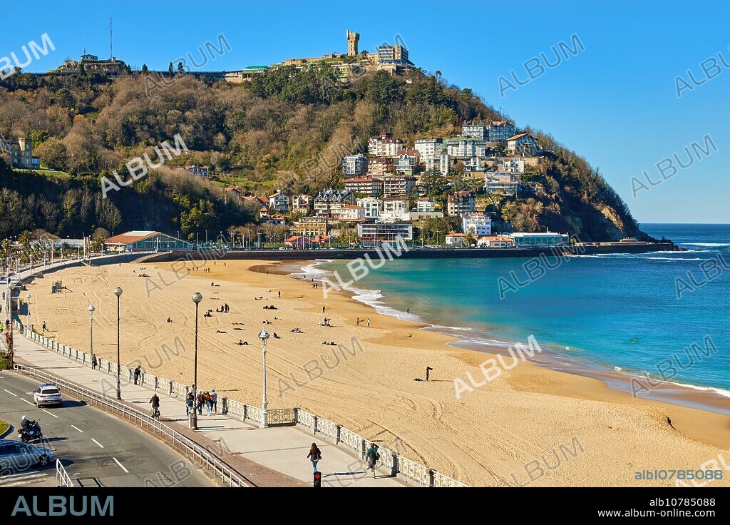 Monte Igueldo and La Concha Bay, from the Miramar Palace gardens, Donostia, San Sebastian, Gipuzkoa, Basque Country, Spain, Europe.