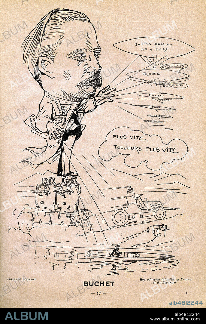 BUCHET, motoriste et fabricant automobile. Portrait charge par O'GALOP (1867-1946) tire de l'ouvrage 'Agenda Buvard du chauffeur et de l'alcool' de 1903. Credit : Collection IM/KHARBINE-TAPABOR.