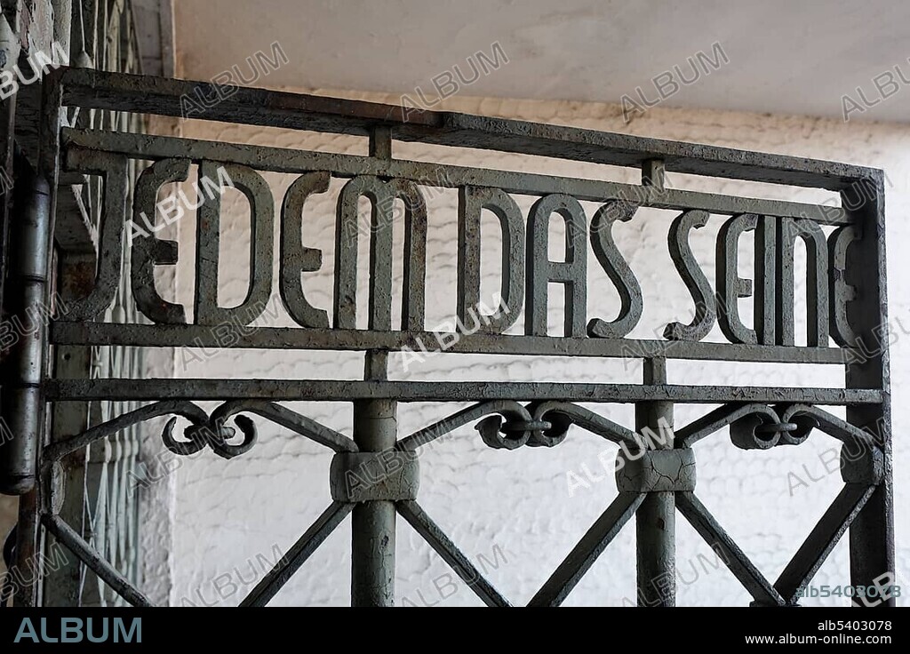 "Jedem das Seine", German for "to each his own" motto of the camp of Buchenwald memorial, former concentration camp near Weimar, Thuringia, Germany, Europe