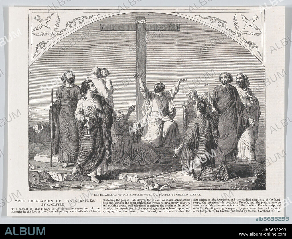The Mission of the Apostles, from the "Illustrated London News". Artist: After Charles Gleyre (French (born Switzerland), Chevilly 1806-1874 Paris). Dimensions: Sheet: 7 5/16 × 9 1/2 in. (18.5 × 24.2 cm). Engraver: William Luson Thomas (British, London 1830-1900 Chertsey, Surrey). Date: October 30, 1865.
The leading British wood-engraver William Luson Thomas made this print to accompany an article in the "Illustrated London News." As the world's first weekly news magazine, founded in London in 1842, the publication regularly reported on art exhibitions, here singling out Charles Gleyre's "La separation des Apôtres" (Mission of the Apostles), at the Paris Salon of 1845 (no. 729), now in the Musée Girodet, Montargis.