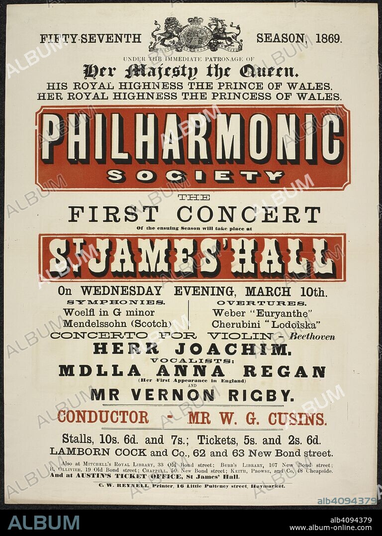 Joseph Joachim, violinist: Vernon George Rigby, singer: Anna Regan, singer: Poster for a concert with performances by J. Joachim , Anna Regan and Vernon George Rigby: 1869: Printed. Venue: St. James' Hall. Posters advertising seasons and individual concerts; 1867-72. [Royal Philharmonic Society]. London, 1869. Source: RPS MS 323 f.6.