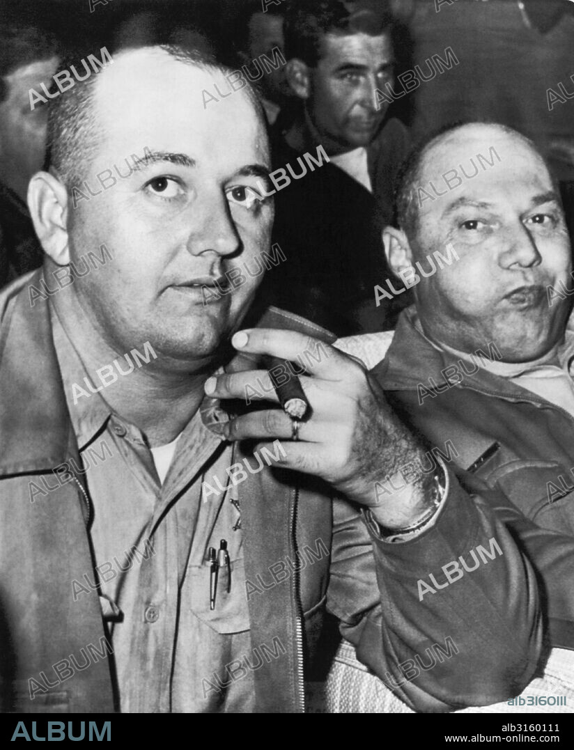 Meridian, Mississippi: December 4, 1964 Neshoba County Sheriff Lawrence Rainey (right) and his deputy Cecil Price wait to post bond after they were arraigned today in connection with the slaying of civil rights workers James Earl Chaney, Andrew Goodman, and Michael Schwerner last June in Philadelphia, Misissippi.