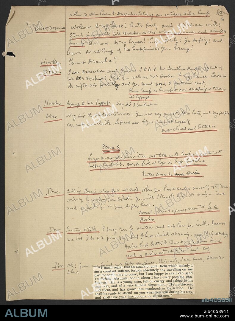 BRAM STOKER. Manuscript of the play, 'Dracula - the undead'. Part of scene 1 and 2. Play by B. Stoker, writer of plays; submitted: 1897. 1897. Source: Add.53630 F. f.6.