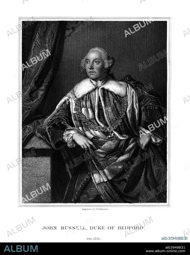 John Russell, 4th Duke of Bedford, British statesman, (1832). Lord John Russell (1710-1771) was the son of Wriothesley Russell, 2nd Duke of Bedford. Russell married Lady Diana Spencer, daughter of Charles Spencer, 3rd Earl of Sunderland, and became First Lord of the Admiralty.