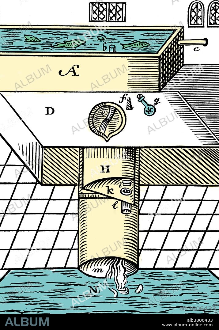 Detail view showing method of operation of flush toilet. A toilet is a sanitation fixture used for the storing or disposal of human urine and feces. In developed countries, different forms of porcelain flush toilets are common: seats are used in the West while squat toilets are common in East Asia. These are connected to a sewer system in most urban areas and to septic tanks in less built-up areas. Sanitation has been a concern from the earliest stages of civilization. For the most part, early cities emptied their waste into rivers or seas manually or via open ditches, but emptying of chamber pots into city streets remained common into the modern era. A precursor to the modern flush toilet system was designed by John Harington in 1596 but did not become common until the late 19th century. Even London did not require indoor toilets in its building codes until after the WWI. Illustration appeared in "Metamporphosis of Ajax; a cloacinean satire" by John Harington, 16th century. This image has been color enhanced.
